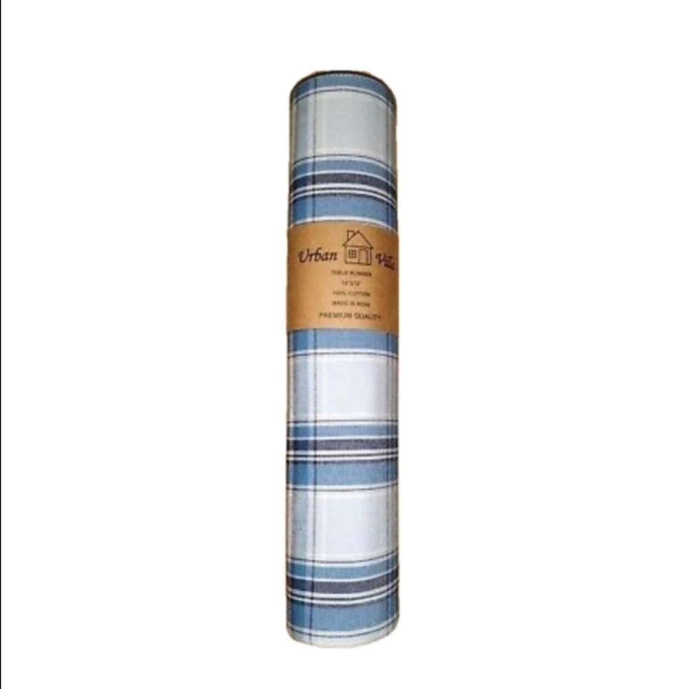 Urban Villa Blue and White Plaid Table Runner 14x72 Cotton